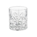 Set de 6 vasos de cristal con diseño floral en relieve, presentados juntos.