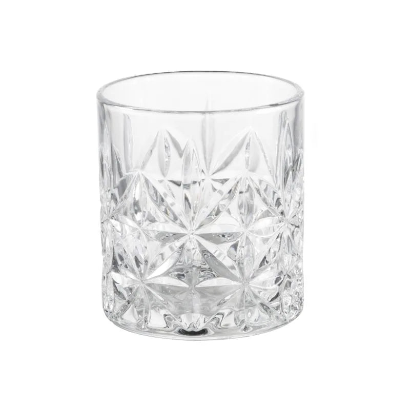 Set de 6 vasos de cristal con diseño floral en relieve, presentados juntos.