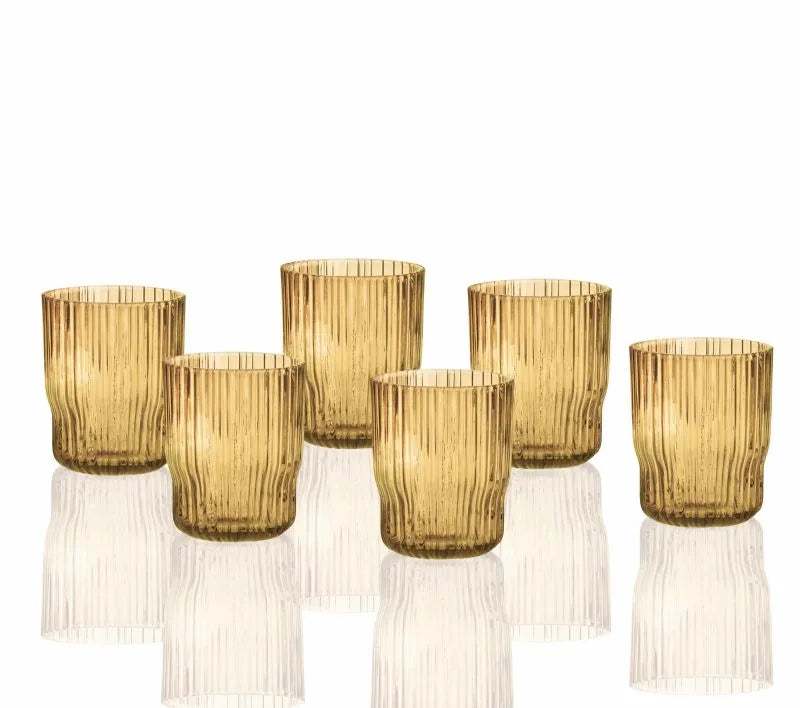 Set de 6 vasos Plissee de cristal en color ámbar, con un diseño plisado.