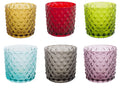 Set de 6 vasos de cristal con diseño de rombos en colores surtidos, presentados de forma individual.