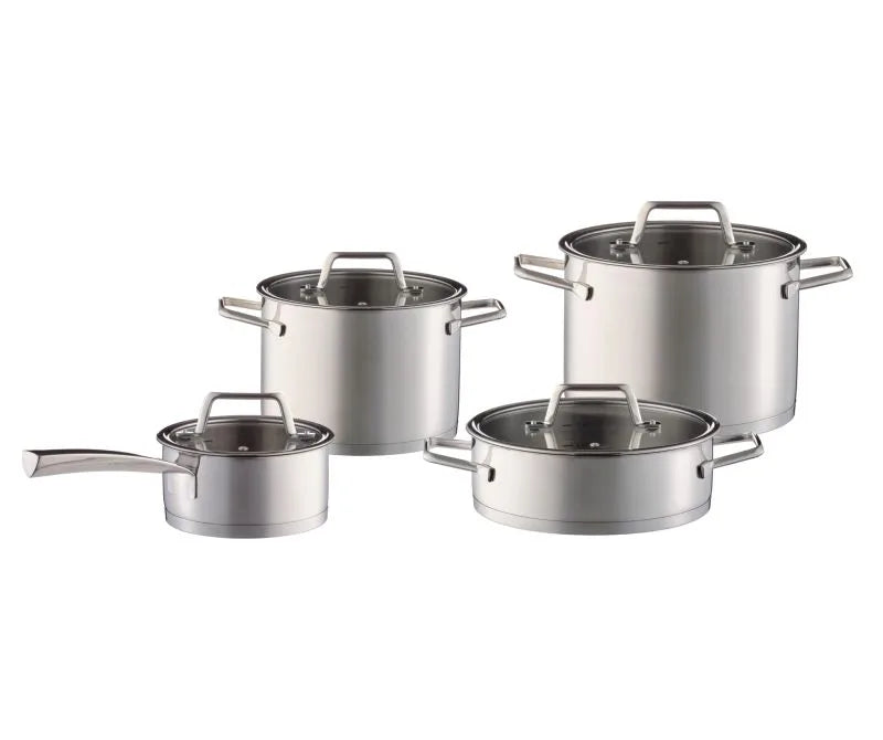 Set de 8 piezas de batería de cocina con acabado elegante.