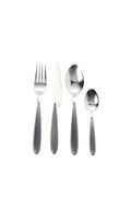 Set de 16 cubiertos Grey Pearl de acero inoxidable, mostrando tenedores, cuchillos, cucharas y cucharillas.