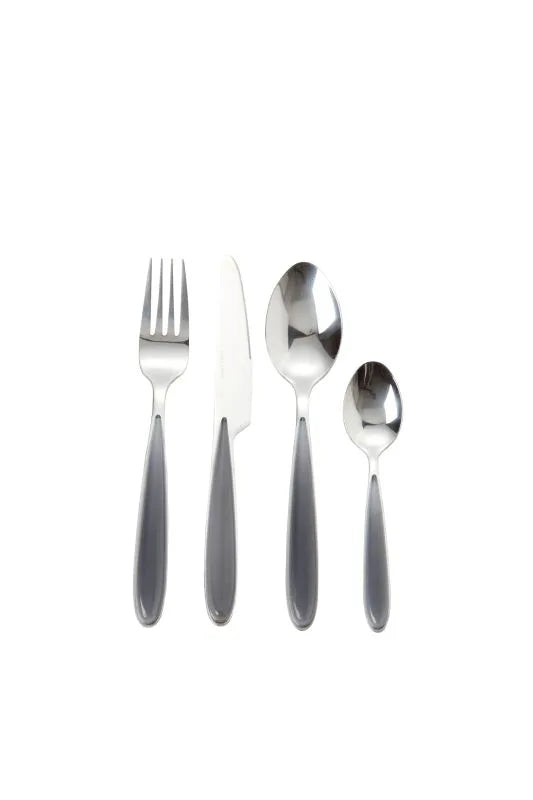 Set de 16 cubiertos Grey Pearl de acero inoxidable, mostrando tenedores, cuchillos, cucharas y cucharillas.