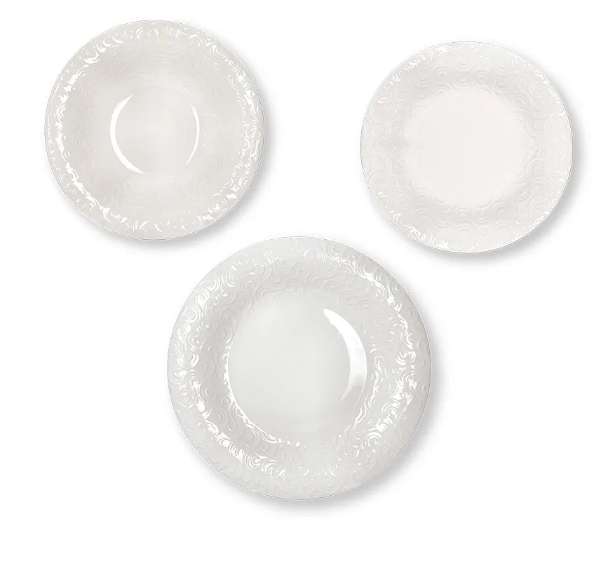 Set de vajilla 18 piezas Dedalo de Brandani, mostrando varios platos y cuencos con un diseño moderno.