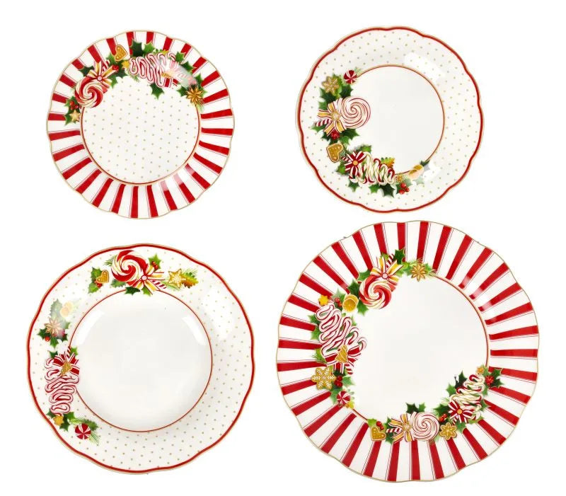 Set de Mesa 18pz Le Chicche, compuesto por platos llanos, hondos y de postre, con un diseño italiano distintivo.