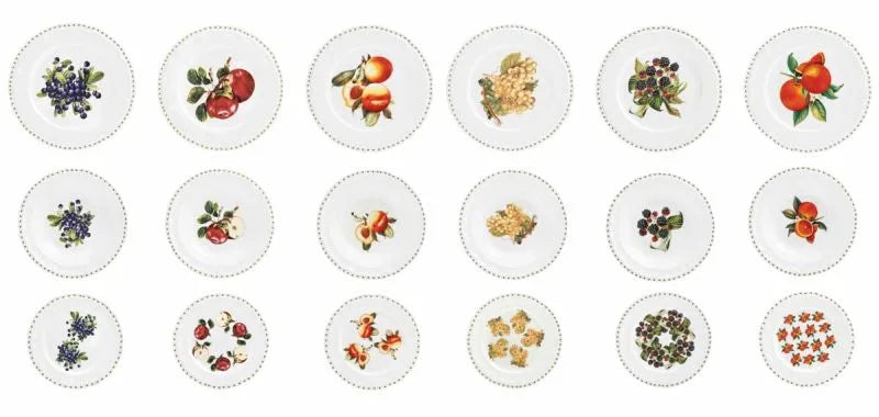 Set de vajilla de 18 piezas Le Primizie Fresh Fruits de porcelana, con diseño de frutas vibrantes.