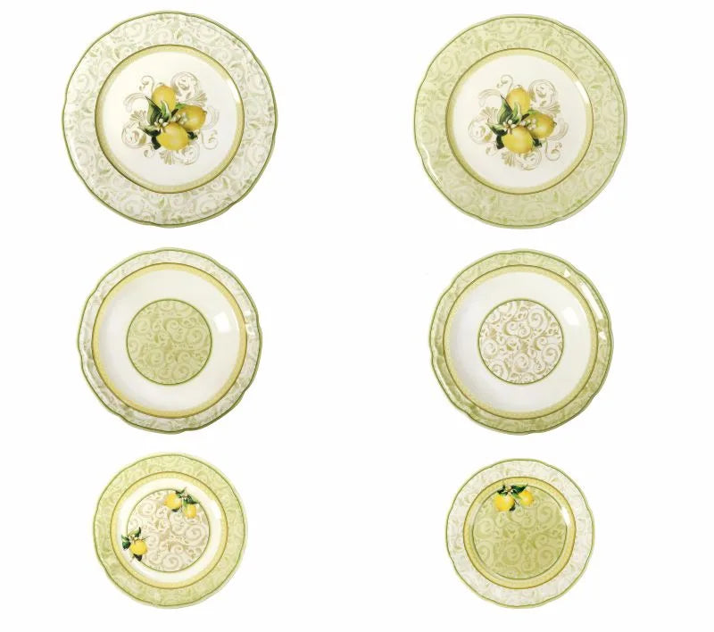 Set de 18 piezas de vajilla italiana Limoni en porcelana New Bone China, con diseño de limones.