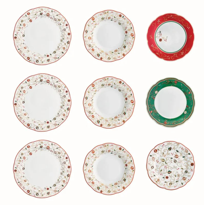 Set de mesa 18 piezas 'Tempo Di Festa' de Brandani Gift Group, mostrando platos y cuencos con diseño festivo.