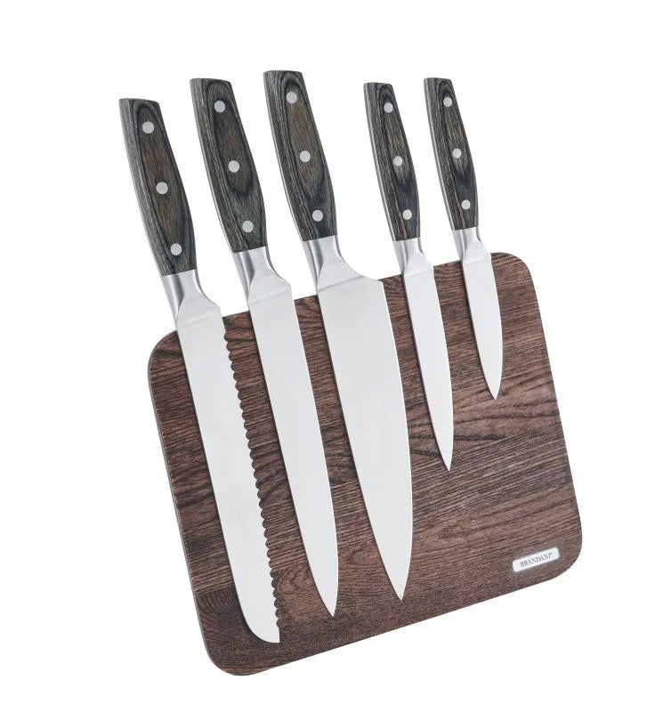 Soporte magnético de madera para cuchillos con 5 cuchillos de acero inoxidable Brandani Gift Group.