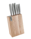 Set de 5 cuchillos de acero inoxidable con soporte de madera que incluye un afilador integrado.