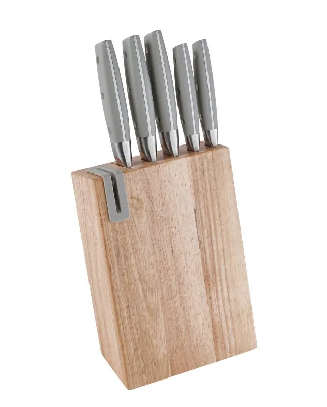 Set de 5 cuchillos de acero inoxidable con soporte de madera que incluye un afilador integrado.