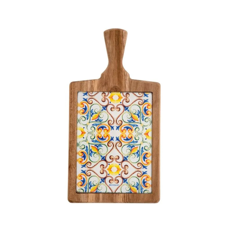 Tabla de cortar Medicea de Brandani, combinando madera de acacia y cristal.
