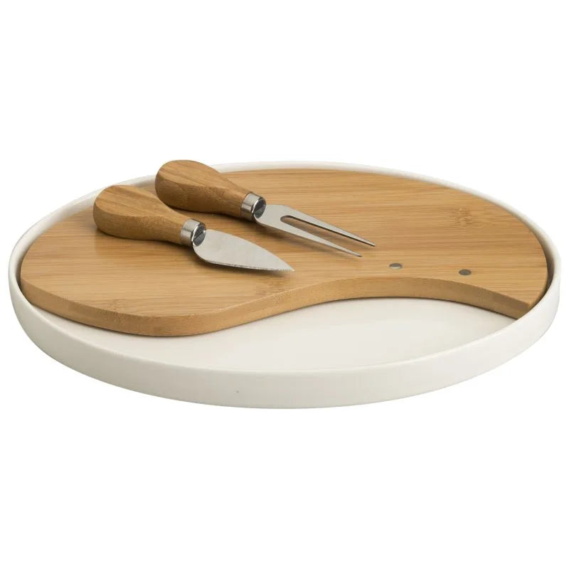 Tabla de cortar Brandani con dos cuchillos de acero inoxidable, combinando porcelana y bambú.