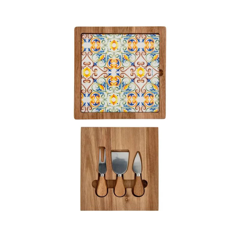 Tabla de cortar de madera de acacia para quesos, con un cajón extraíble en la parte frontal para cuchillos. Colección.