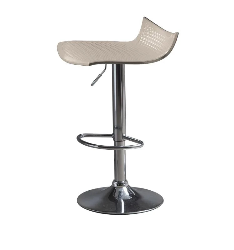 Taburete gris claro con base de acero inoxidable y asiento de ABS.
