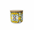 Tarro Citrus con tapa hermética de bambú, fabricado en porcelana New Bone China, con 10 cm de alto.