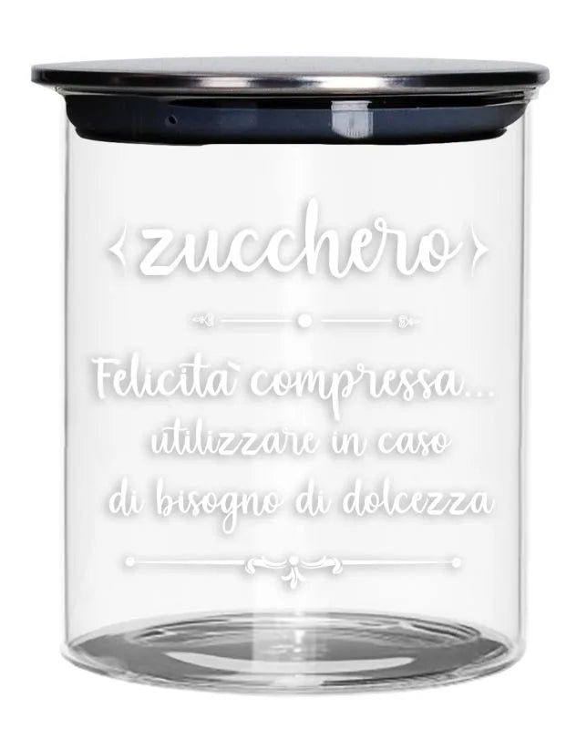 Tarro de azúcar de cristal con tapa metálica, diseñado por Brandani Gift Group.
