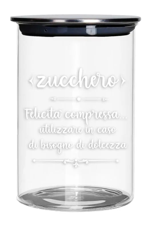 Tarro de azúcar de cristal con tapa metálica, diseño funcional para la cocina.