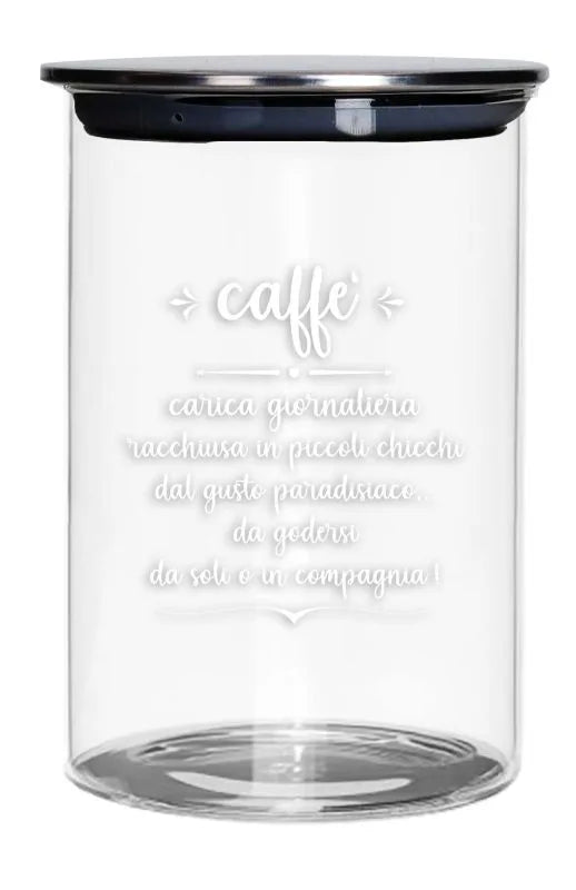 Tarro de café de cristal transparente con tapa metálica plateada, de la marca Brandani Gift Group.