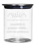 Tarro de cristal transparente para sal con tapa metálica de diseño italiano.