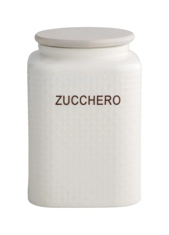 Tarro de azúcar de porcelana blanca con tapa de bambú natural, con el logo de Brandani visible.