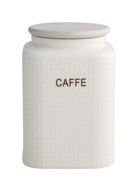 Tarro de porcelana blanca con tapa de bambú natural, ideal para café. Marca Brandani Gift Group.