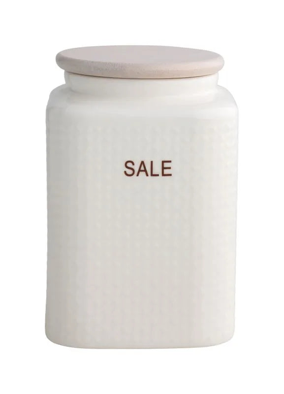 Tarro de sal de porcelana blanca con tapa de bambú natural, diseño Brandani.