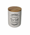 Tarro salero de porcelana blanca con tapa redonda de bambú natural.