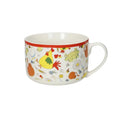 Taza de desayuno redonda de porcelana blanca con diseño floral que representa las 4 estaciones, borde sutil.