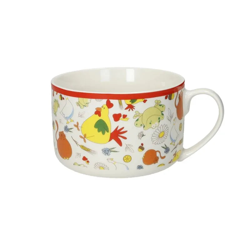 Taza de desayuno redonda de porcelana blanca con diseño floral que representa las 4 estaciones, borde sutil.