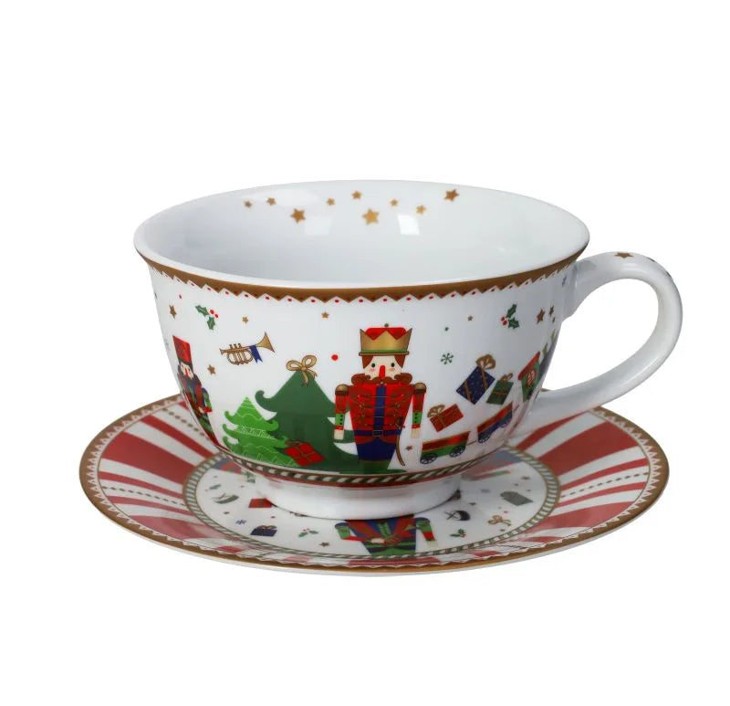 Taza de desayuno con plato de cerámica blanca, colección Lo Schiaccianoci, diseño italiano.