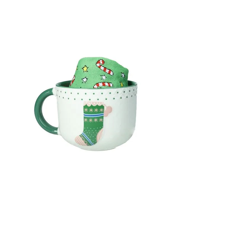 Taza de desayuno de algodón con diseño 'Calcetín y Calcetín', vista frontal sobre fondo blanco.