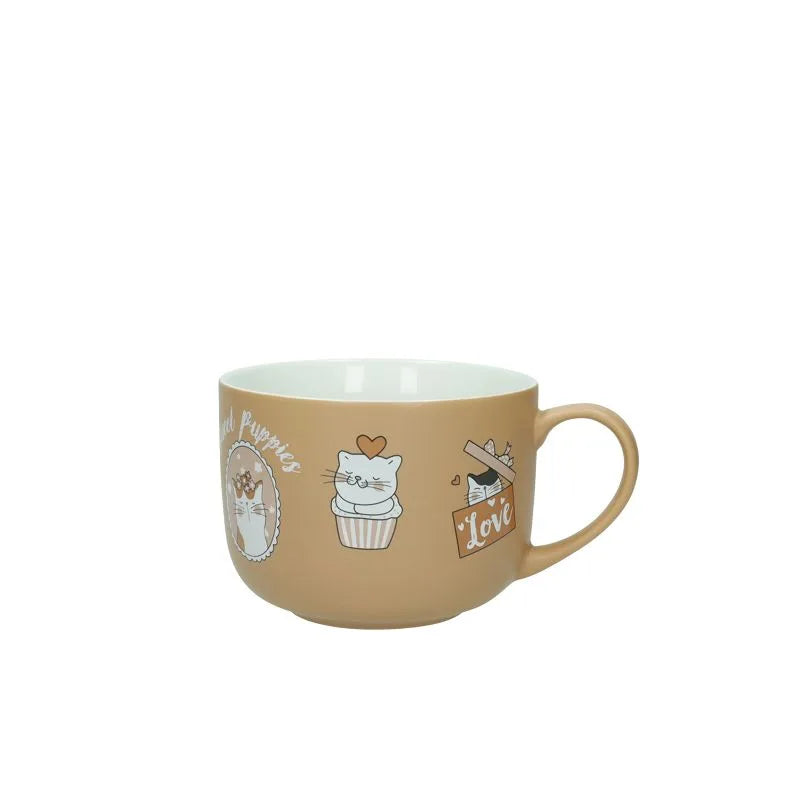 Taza de desayuno Gatti de cerámica blanca con diseño de gato, presentada sobre fondo neutro.