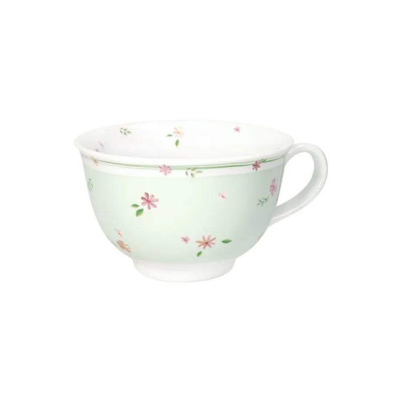 Taza de desayuno Brandani de porcelana en color verde, colección Polline, vista frontal.