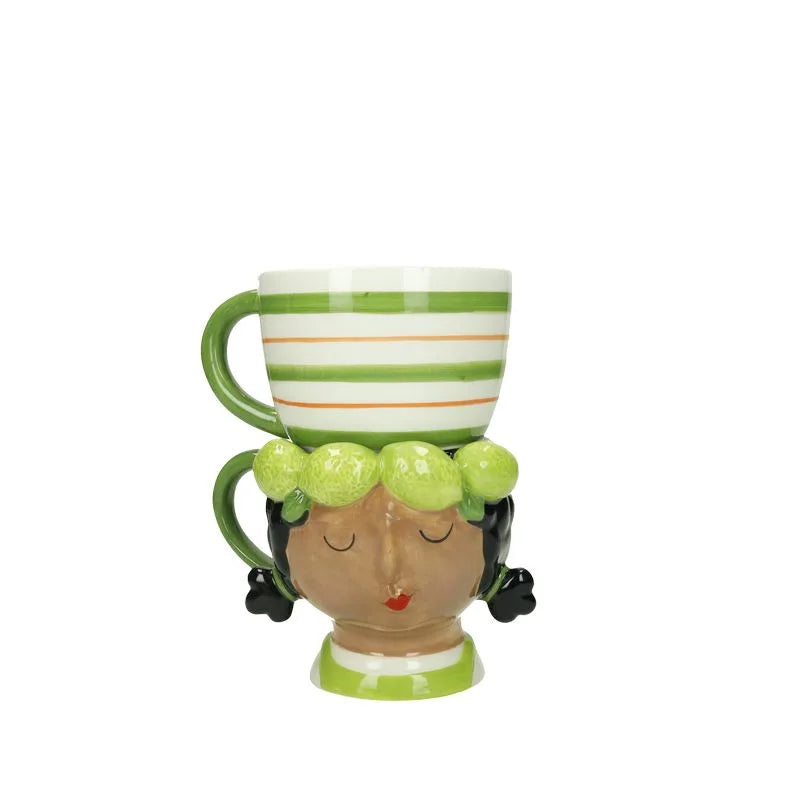 Taza doble Lady Lime de cerámica con diseño floral en tonos verdes y blancos.