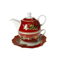 Tetera roja de cerámica con taza y plato a juego, colección Carol.