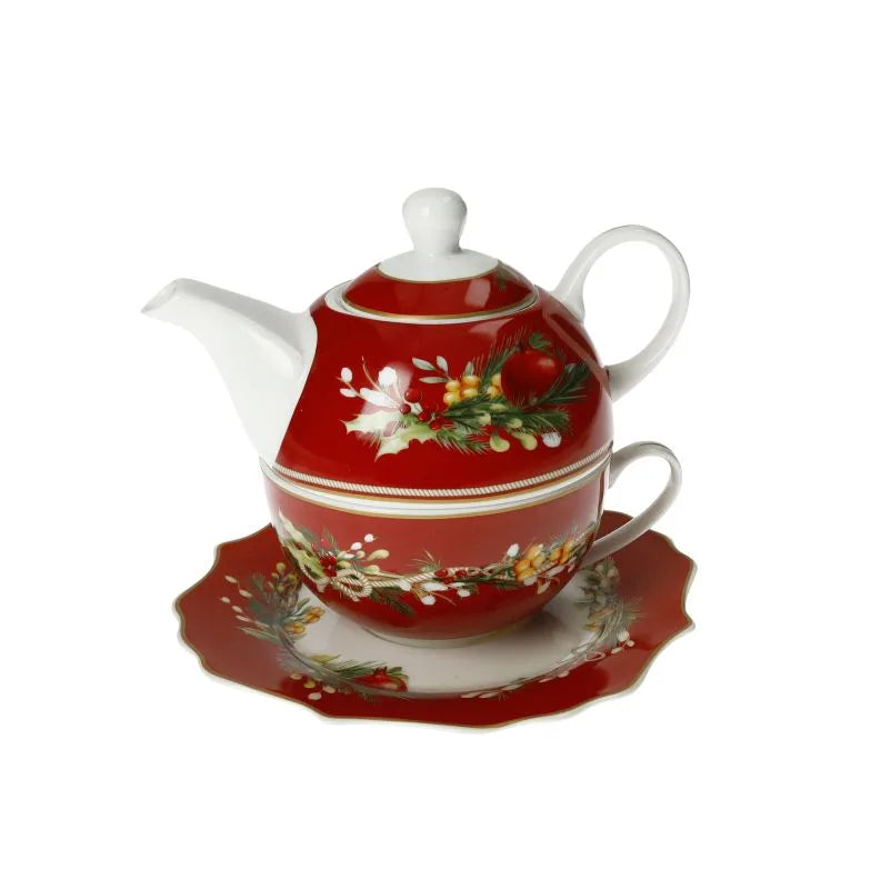 Tetera roja de cerámica con taza y plato a juego, colección Carol.