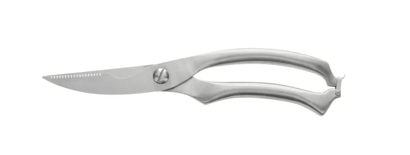 Tijera de cocina profesional con hojas de acero inoxidable y mangos ergonómicos.