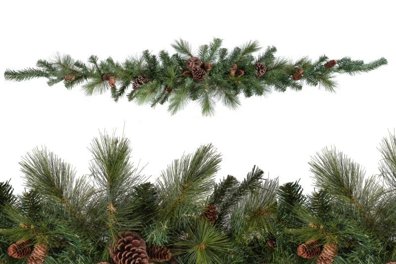 Tira decorativa de abeto navideño de 185 cm, adornada con piñas naturales, marca Brandani Gift Group.