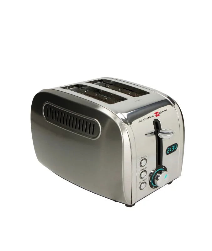 Tostadora Brandani de acero inoxidable con detalles LED, vista frontal.